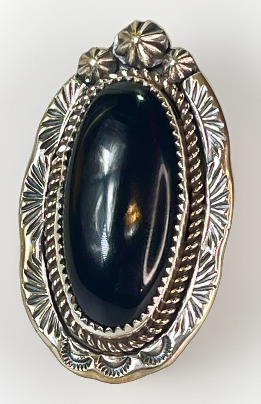 Navajo Gina Smith Sterling Silver Black Onyx Statement Ring Sz 7.75 15g Signed